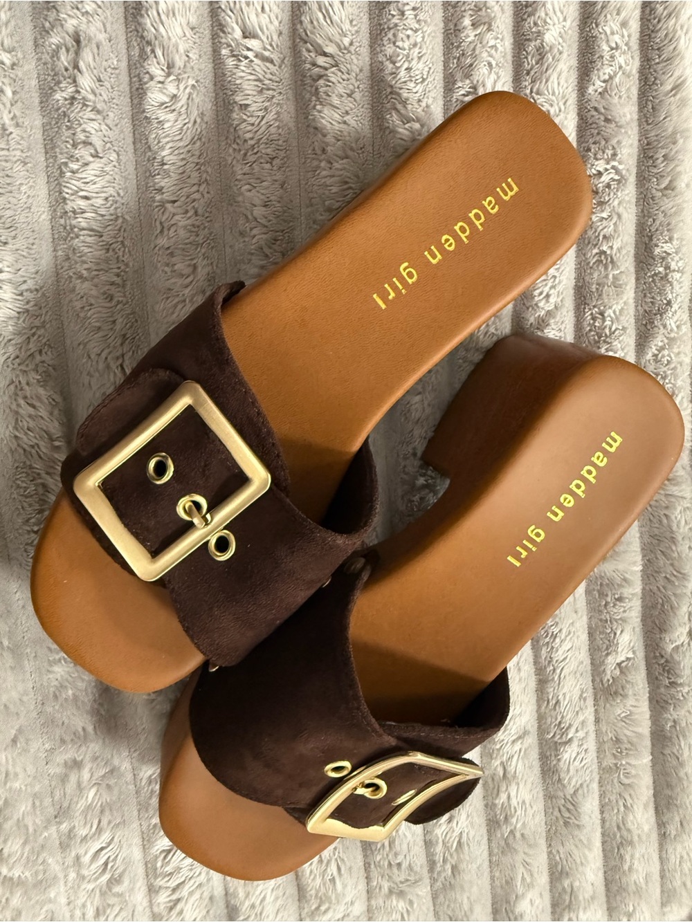 Madden Girl Brown Suede Slide Mules with Gold Buckles